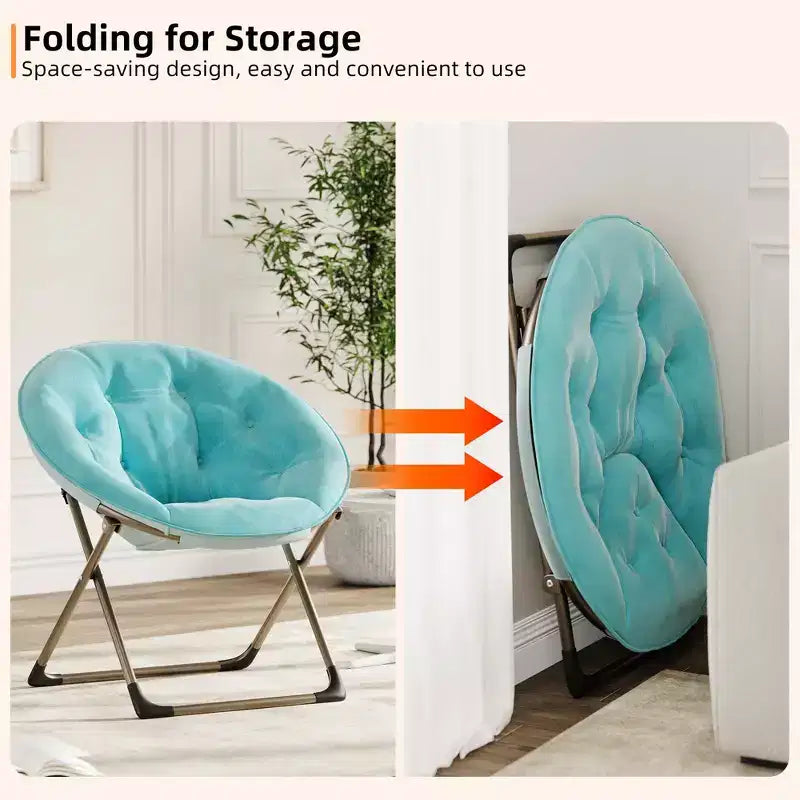 Chaise soucoupe pliante confortable avec fausse fourrure douillette, assise rembourrée épaisse et cadre métallique. Fauteuil d'appoint moderne pour salon et chambre.