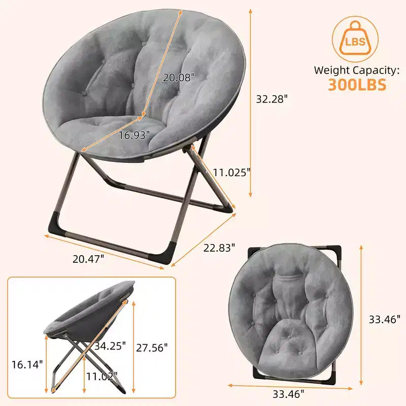 Chaise soucoupe pliante confortable avec fausse fourrure douillette, assise rembourrée épaisse et cadre métallique. Fauteuil d'appoint moderne pour salon et chambre.