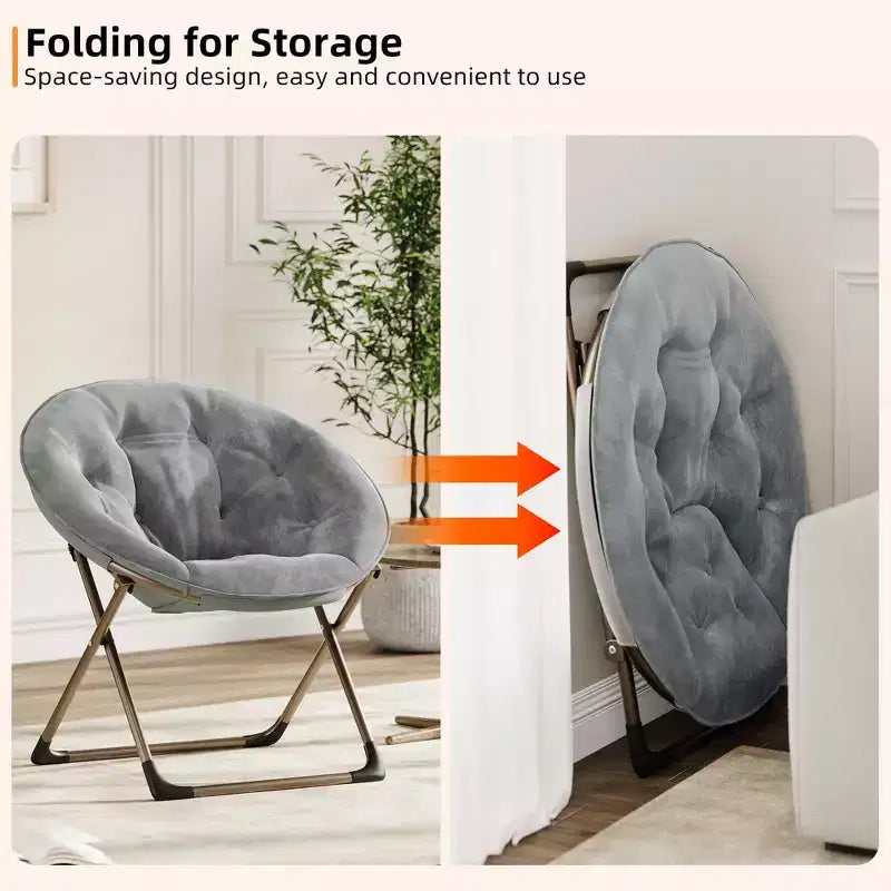 Chaise soucoupe pliante confortable avec fausse fourrure douillette, assise rembourrée épaisse et cadre métallique. Fauteuil d'appoint moderne pour salon et chambre.