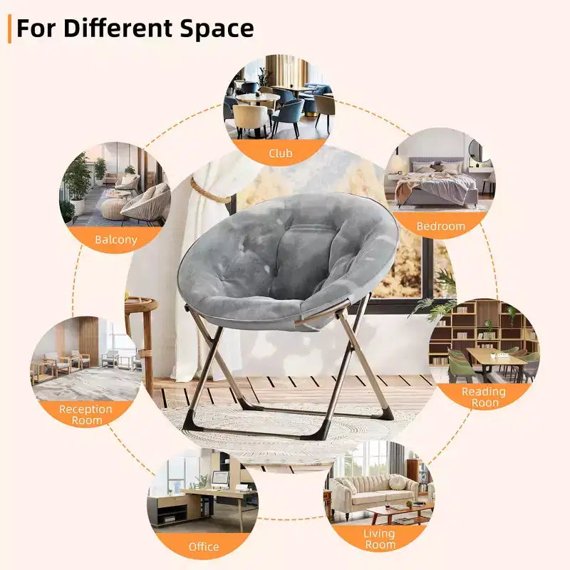 Chaise soucoupe pliante confortable avec fausse fourrure douillette, assise rembourrée épaisse et cadre métallique. Fauteuil d'appoint moderne pour salon et chambre.