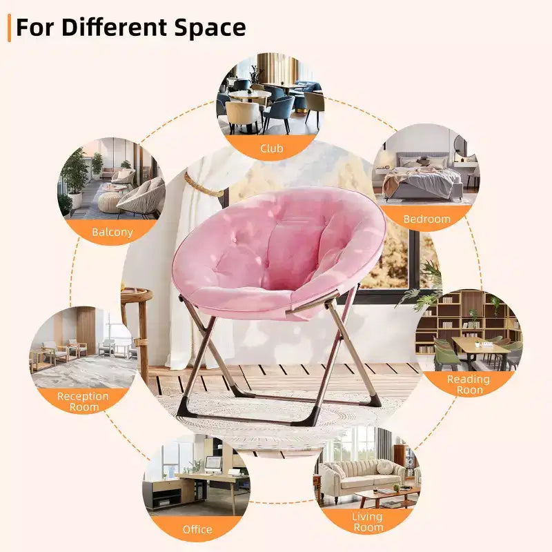 Chaise soucoupe pliante confortable avec fausse fourrure douillette, assise rembourrée épaisse et cadre métallique. Fauteuil d'appoint moderne pour salon et chambre.