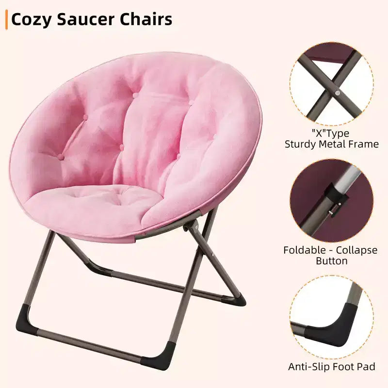 Chaise soucoupe pliante confortable avec fausse fourrure douillette, assise rembourrée épaisse et cadre métallique. Fauteuil d'appoint moderne pour salon et chambre.