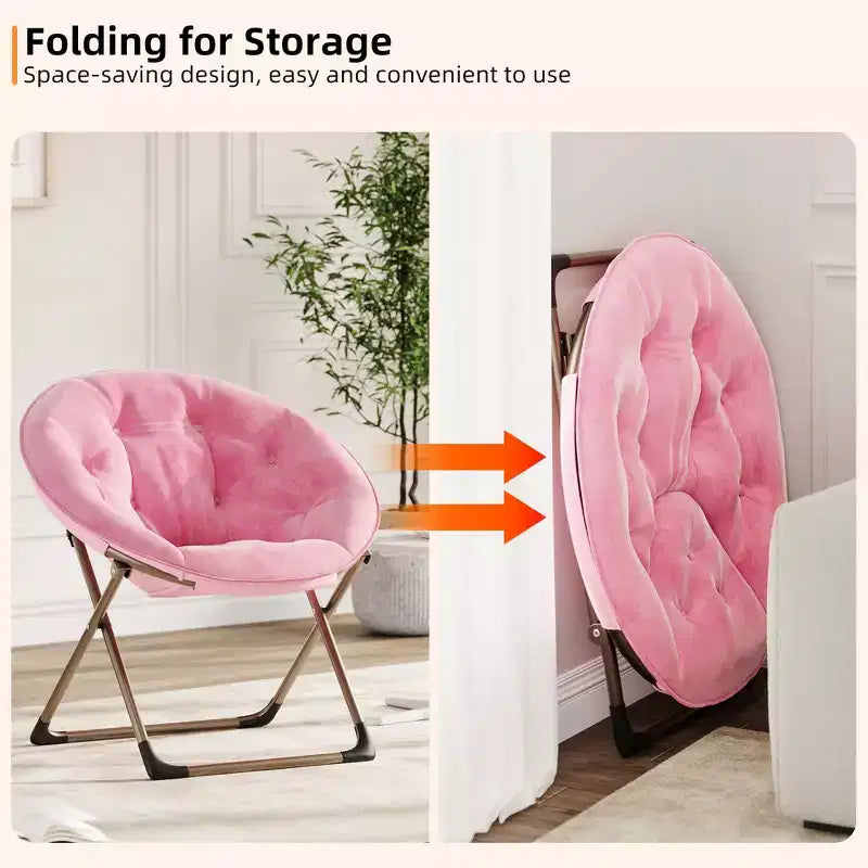 Chaise soucoupe pliante confortable avec fausse fourrure douillette, assise rembourrée épaisse et cadre métallique. Fauteuil d'appoint moderne pour salon et chambre.