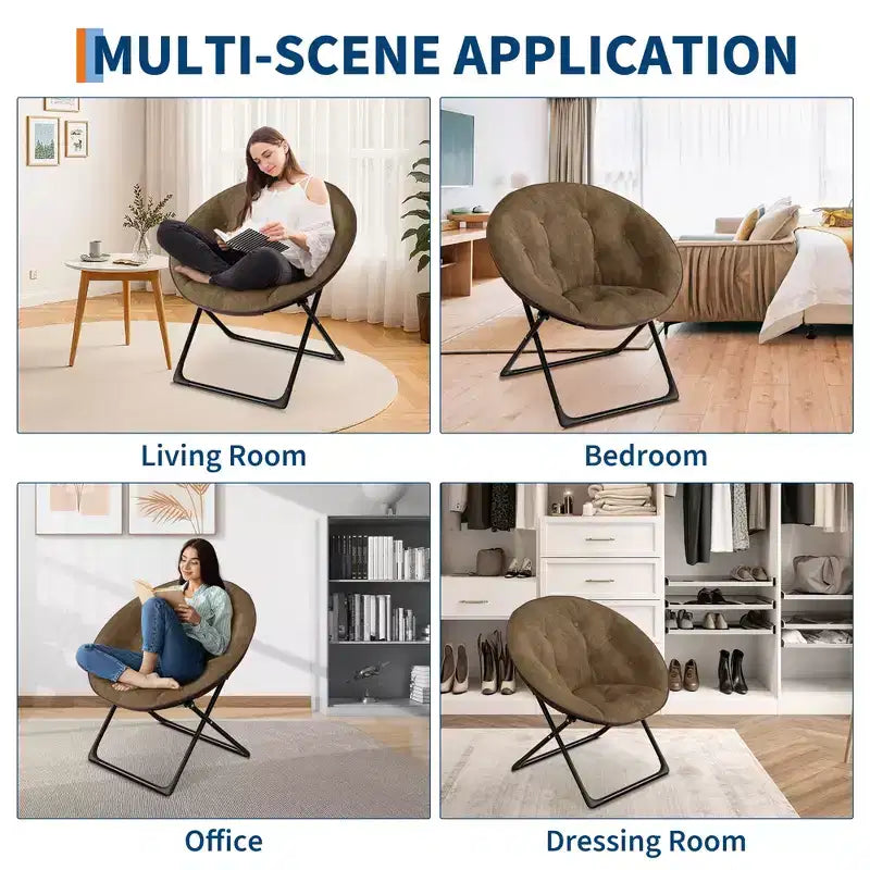Chaise soucoupe pliante confortable avec fausse fourrure douillette, assise rembourrée épaisse et cadre métallique. Fauteuil d'appoint moderne pour salon et chambre.