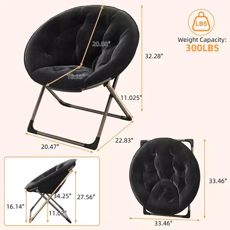 Chaise soucoupe pliante confortable avec fausse fourrure douillette, assise rembourrée épaisse et cadre métallique. Fauteuil d'appoint moderne pour salon et chambre.