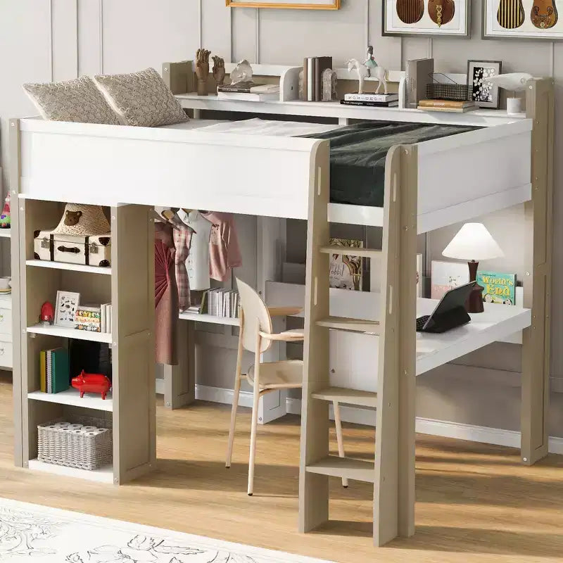 Lit mezzanine double en bois peu encombrant avec bureau intégré et étagères de rangement