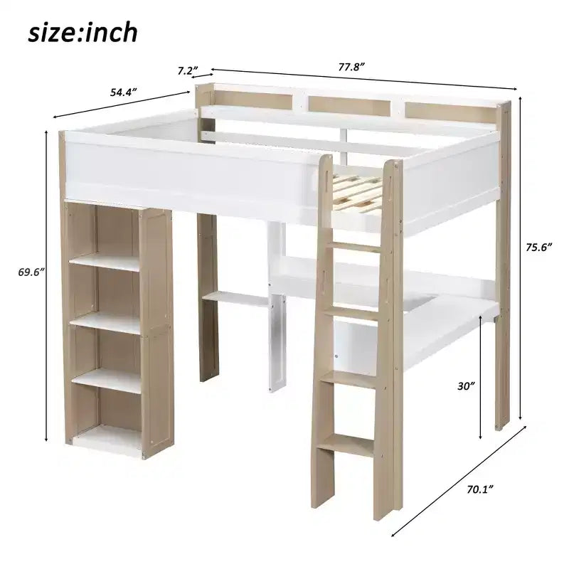 Lit mezzanine double en bois peu encombrant avec bureau intégré et étagères de rangement