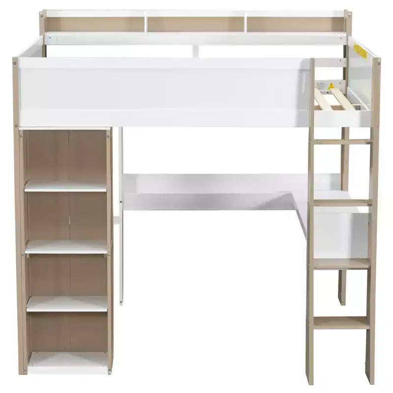 Lit mezzanine double en bois peu encombrant avec bureau intégré et étagères de rangement