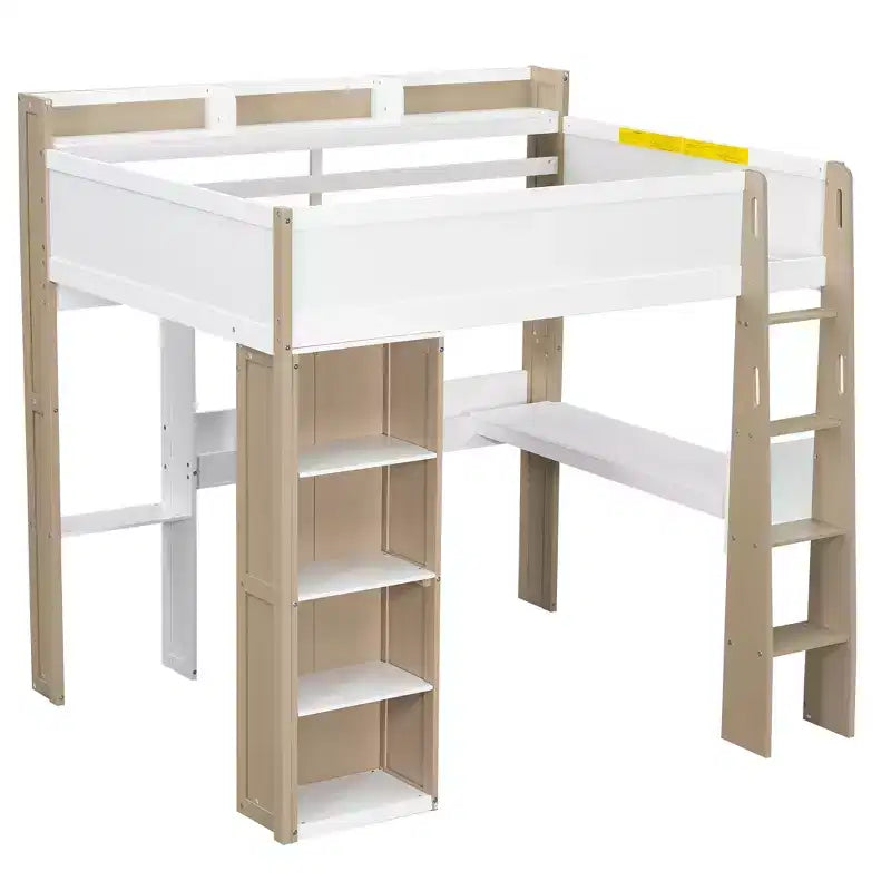 Lit mezzanine double en bois peu encombrant avec bureau intégré et étagères de rangement