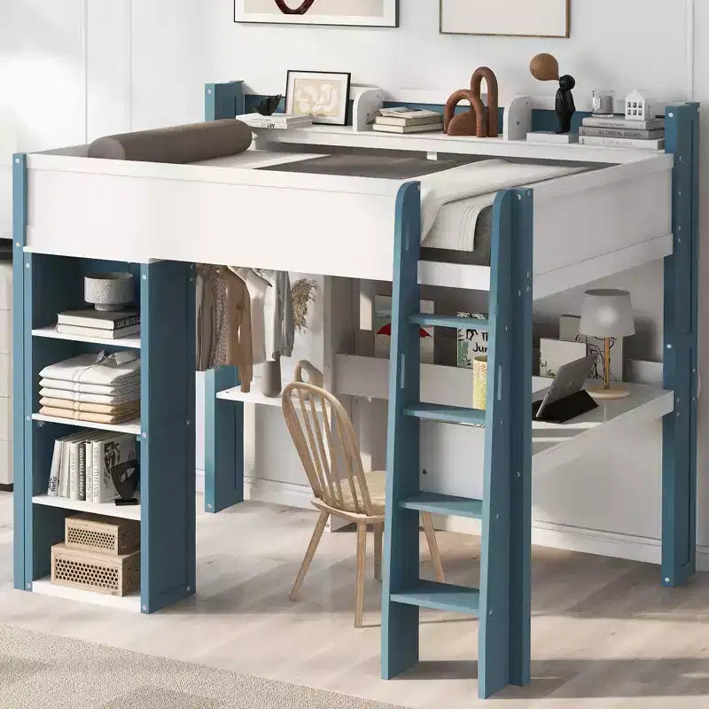 Lit mezzanine double en bois peu encombrant avec bureau intégré et étagères de rangement