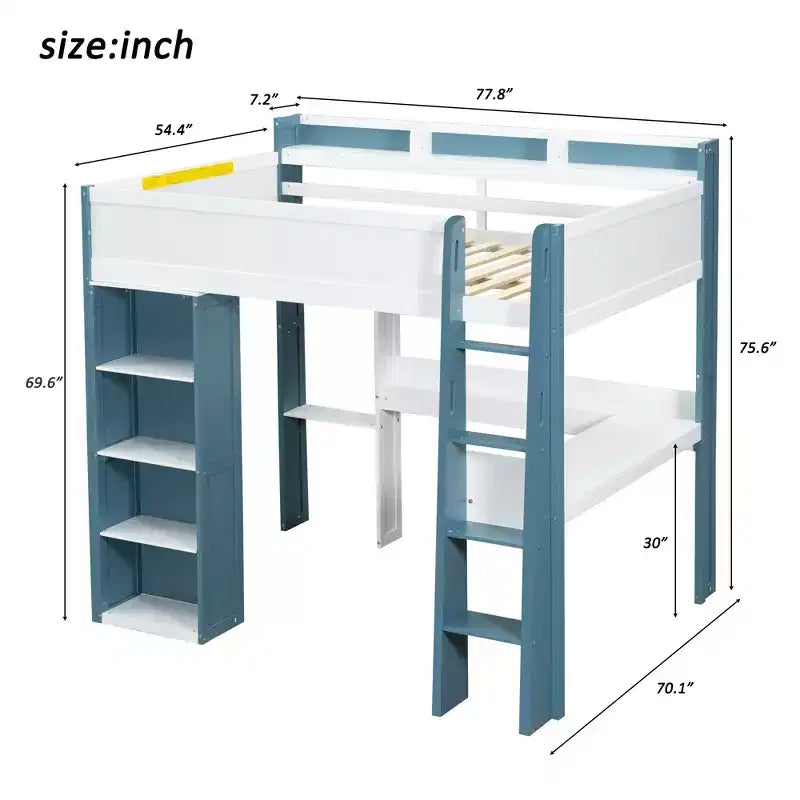 Lit mezzanine double en bois peu encombrant avec bureau intégré et étagères de rangement