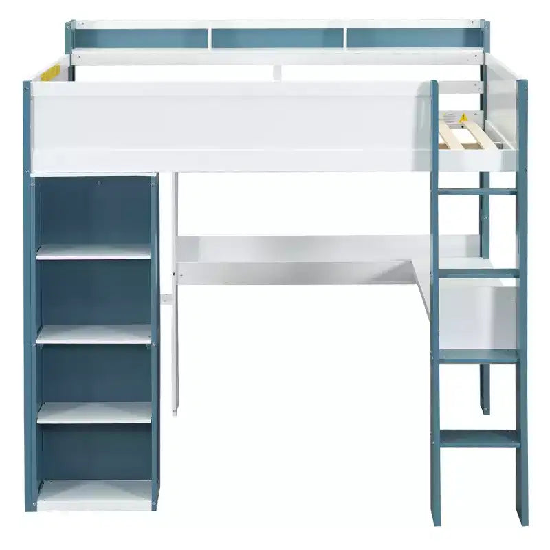 Lit mezzanine double en bois peu encombrant avec bureau intégré et étagères de rangement