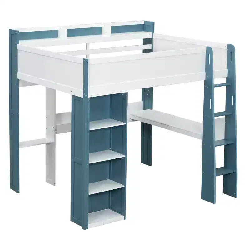 Lit mezzanine double en bois peu encombrant avec bureau intégré et étagères de rangement