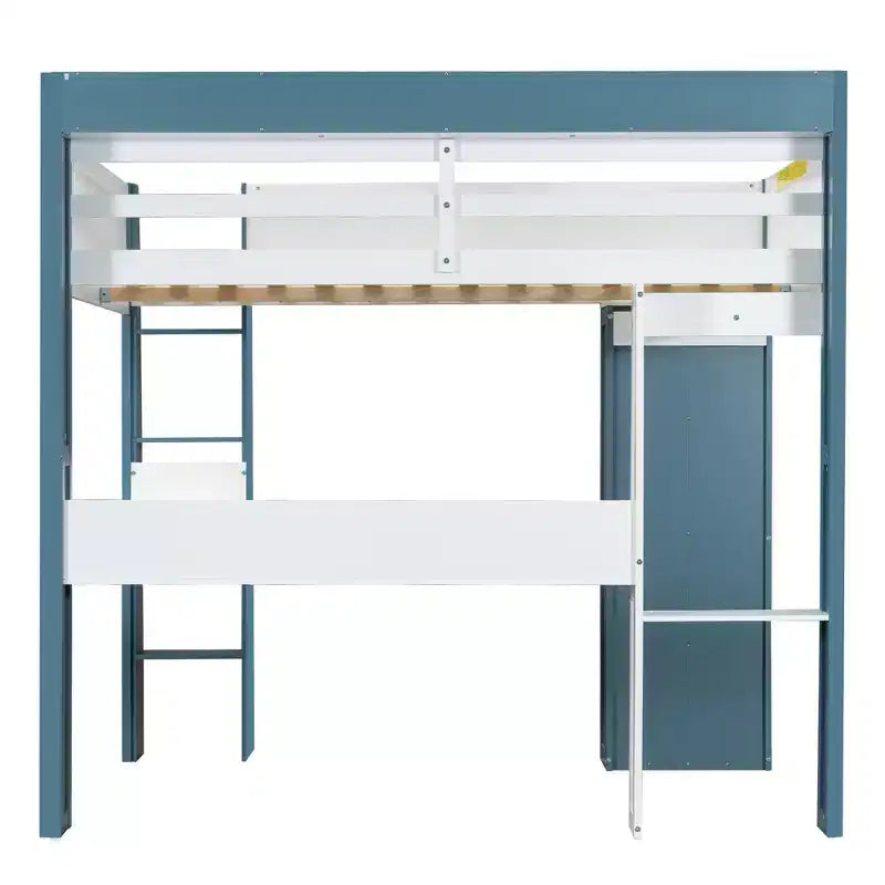 Lit mezzanine double en bois peu encombrant avec bureau intégré et étagères de rangement