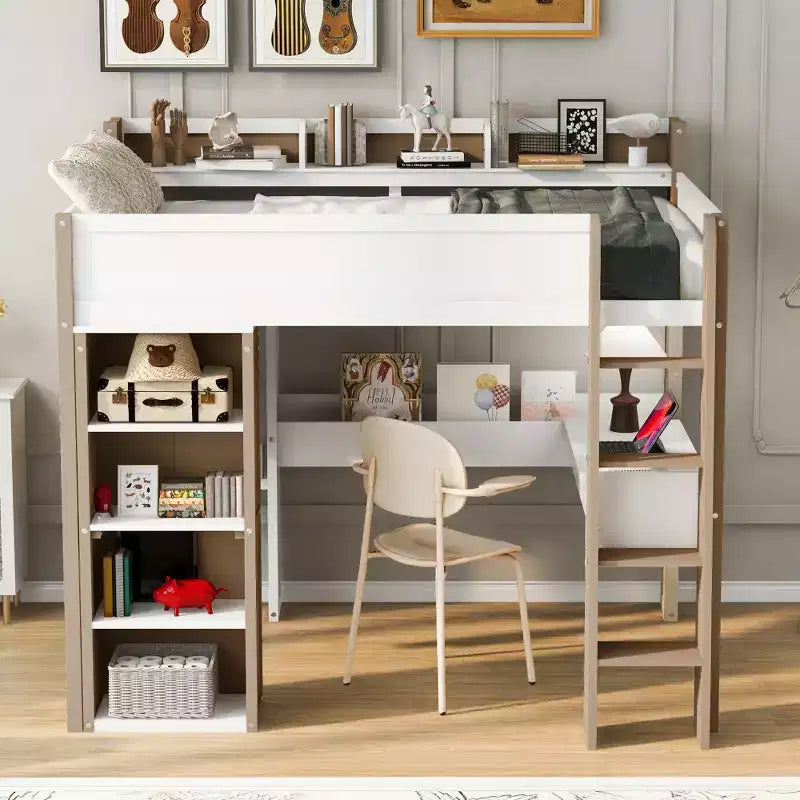 Lit mezzanine double en bois peu encombrant avec bureau intégré et étagères de rangement
