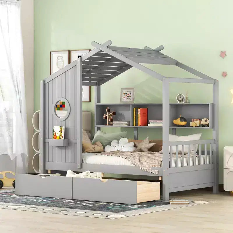 Whisen Twin Size House Bed & Kids Bed Playhouse Bed with 2 Drawers Storage Shelf