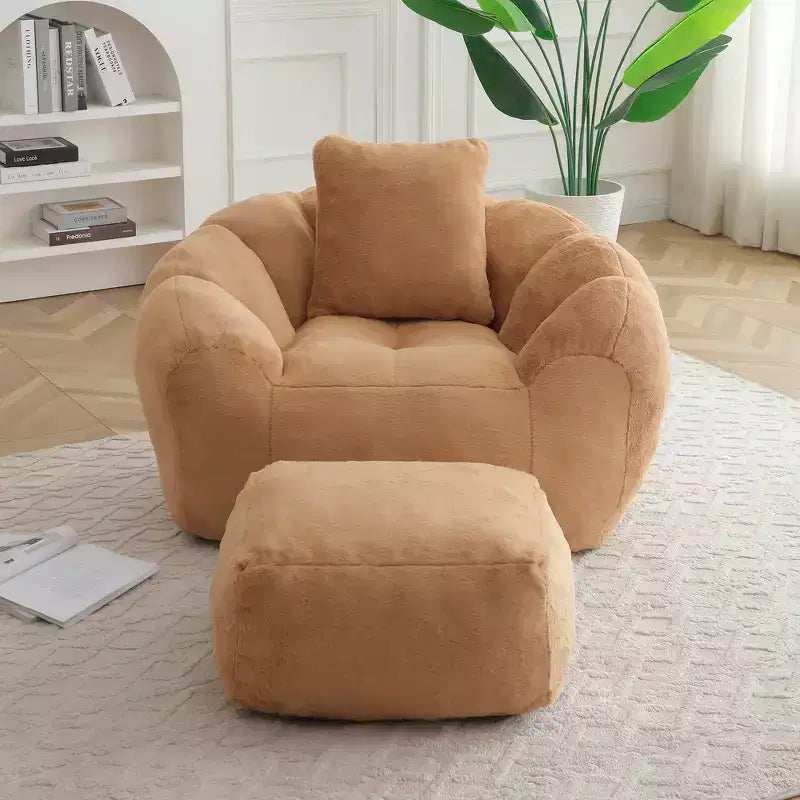 GDFStudio Giselle Modern Faux Fur Upholstered Bean Bag Chair with Ottoman