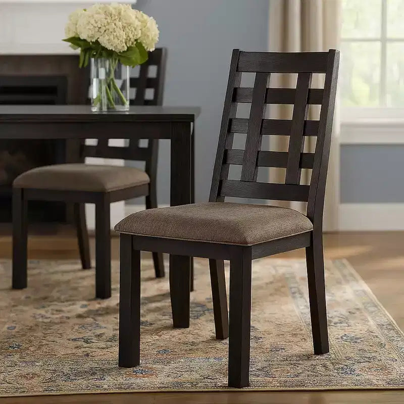 Royal Hampton Dining Chairs Set of 2 Open Square Back Espresso Wood Beige Fabric
