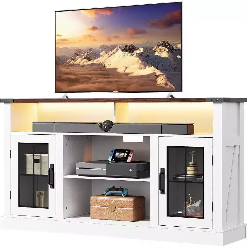 Meuble TV de ferme pour téléviseur de 65 pouces avec lumières LED, meubles de rangement et étagères réglables pour salon ou cinéma maison