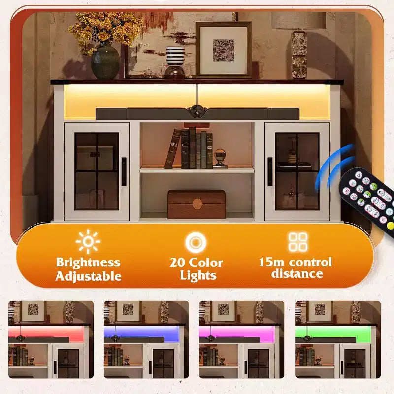 Meuble TV de ferme pour téléviseur de 65 pouces avec lumières LED, meubles de rangement et étagères réglables pour salon ou cinéma maison