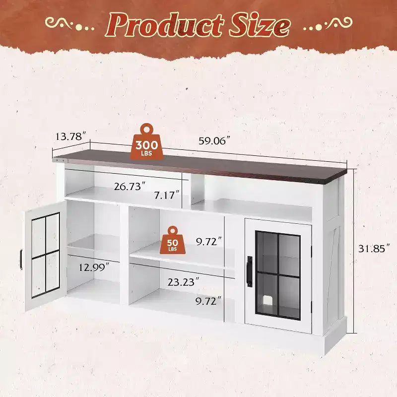Meuble TV de ferme pour téléviseur de 65 pouces avec lumières LED, meubles de rangement et étagères réglables pour salon ou cinéma maison