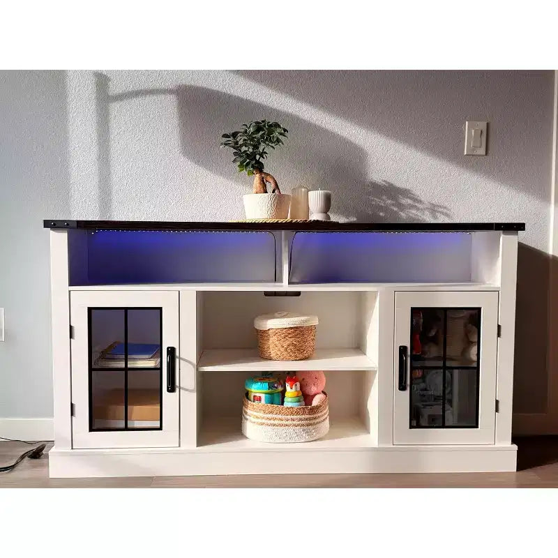Meuble TV de ferme pour téléviseur de 65 pouces avec lumières LED, meubles de rangement et étagères réglables pour salon ou cinéma maison