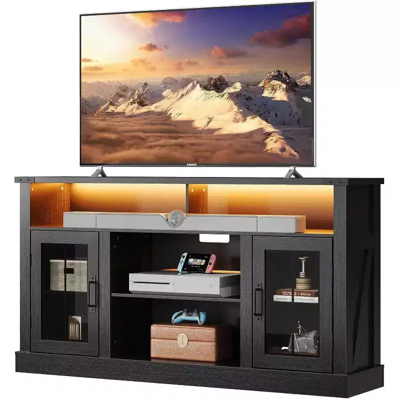 Meuble TV de ferme pour téléviseur de 65 pouces avec lumières LED, meubles de rangement et étagères réglables pour salon ou cinéma maison