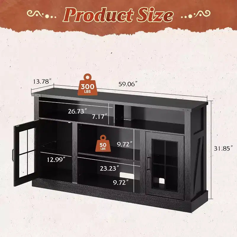 Meuble TV de ferme pour téléviseur de 65 pouces avec lumières LED, meubles de rangement et étagères réglables pour salon ou cinéma maison