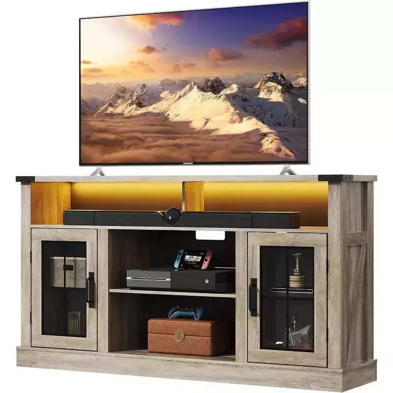 Meuble TV de ferme pour téléviseur de 65 pouces avec lumières LED, meubles de rangement et étagères réglables pour salon ou cinéma maison