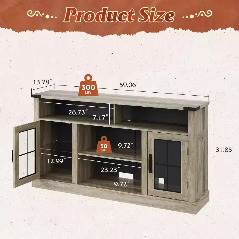 Meuble TV de ferme pour téléviseur de 65 pouces avec lumières LED, meubles de rangement et étagères réglables pour salon ou cinéma maison