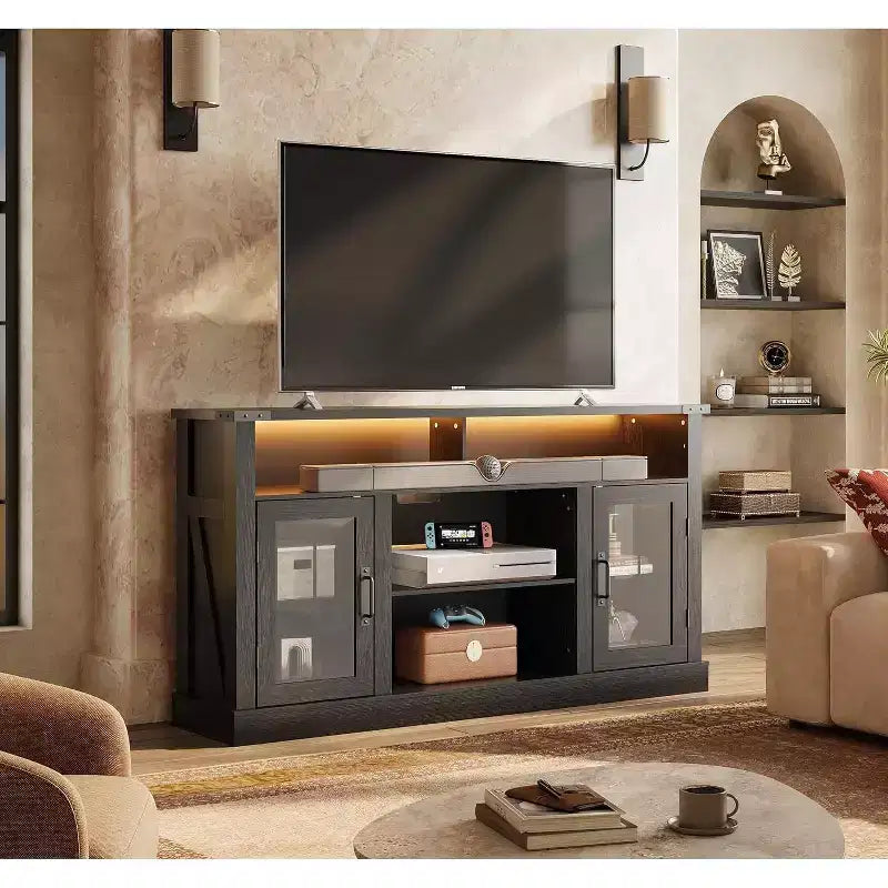 GALAXHERO Farmhouse TV Stand for 65 Inch TV with LED Lights Storage Cabinets & Adjustable Shelves for Living Room or Home Theater