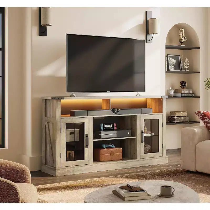 Meuble TV de ferme pour téléviseur de 65 pouces avec lumières LED, meubles de rangement et étagères réglables pour salon ou cinéma maison