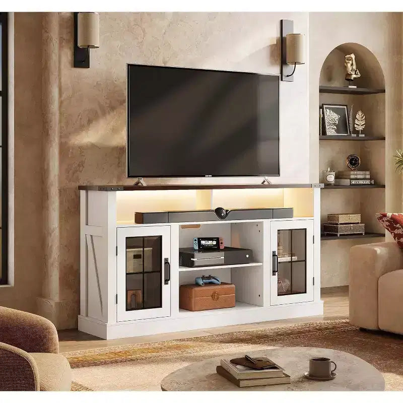 Meuble TV de ferme pour téléviseur de 65 pouces avec lumières LED, meubles de rangement et étagères réglables pour salon ou cinéma maison