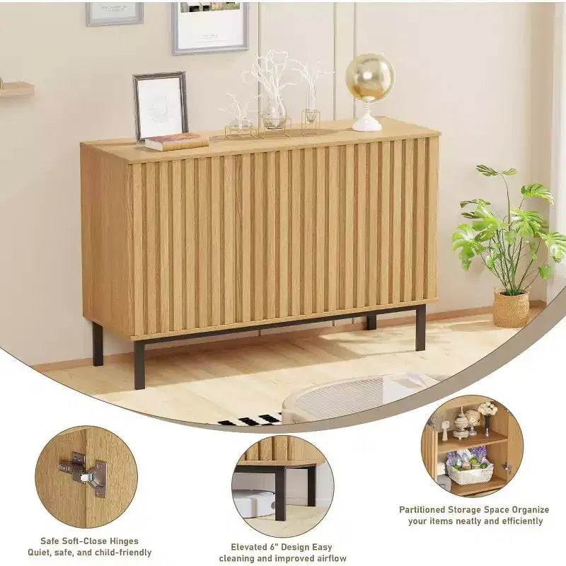 Sideboard Buffet Cabinet with Storage and Fluted Doors Freestanding Wooden Storage Cabinet