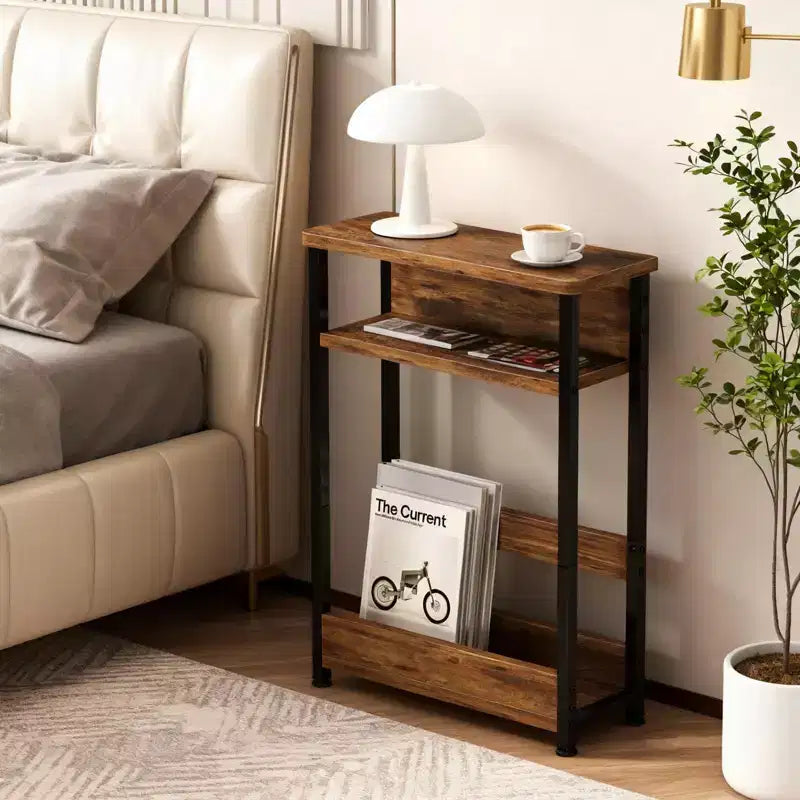 Table d'appoint industrielle à 3 niveaux pour petits espaces, table d'appoint étroite en bois avec étagères de rangement, petite table de chevet fine