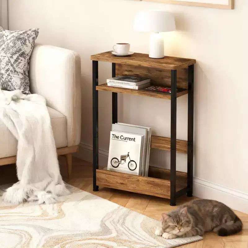 Table d'appoint industrielle à 3 niveaux pour petits espaces, table d'appoint étroite en bois avec étagères de rangement, petite table de chevet fine