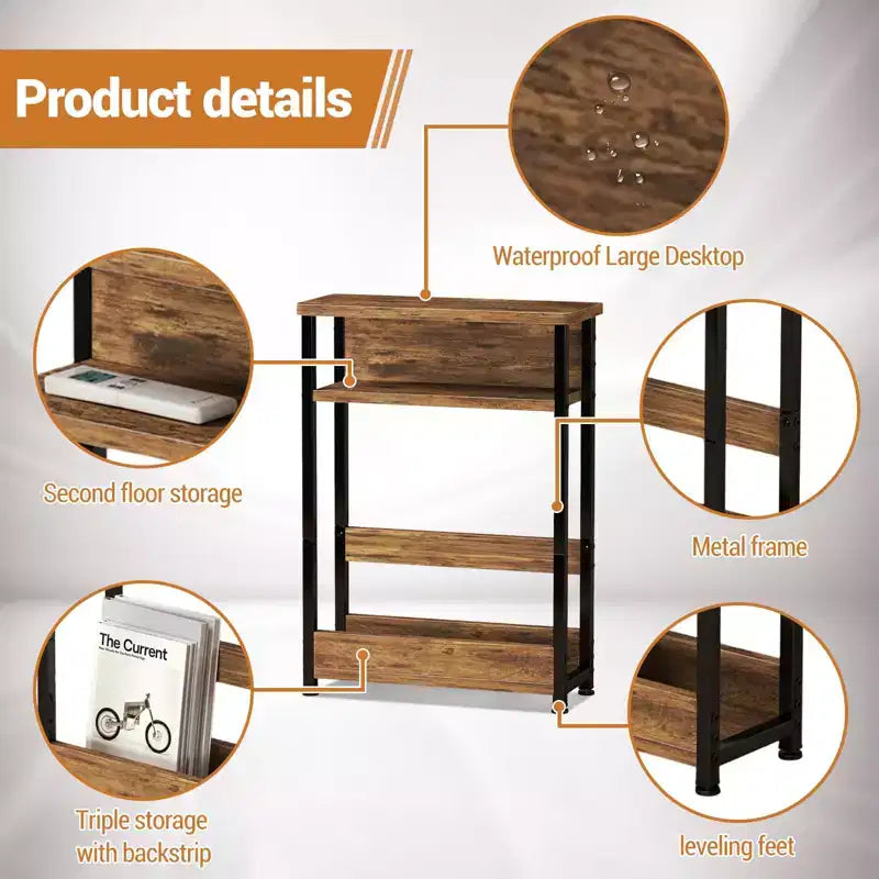 Table d'appoint industrielle à 3 niveaux pour petits espaces, table d'appoint étroite en bois avec étagères de rangement, petite table de chevet fine