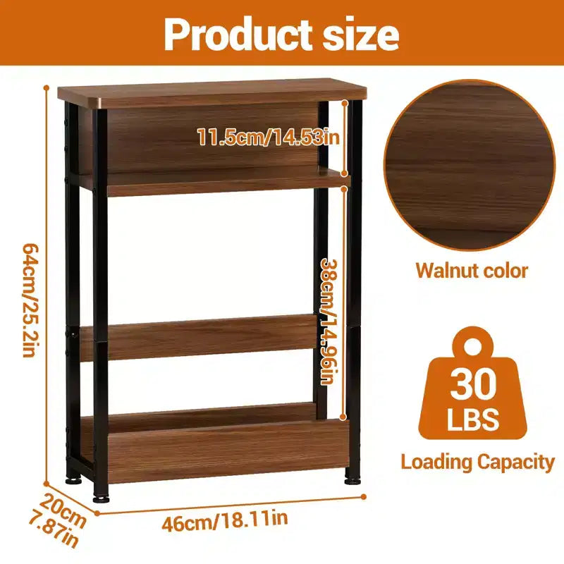 Table d'appoint industrielle à 3 niveaux pour petits espaces, table d'appoint étroite en bois avec étagères de rangement, petite table de chevet fine