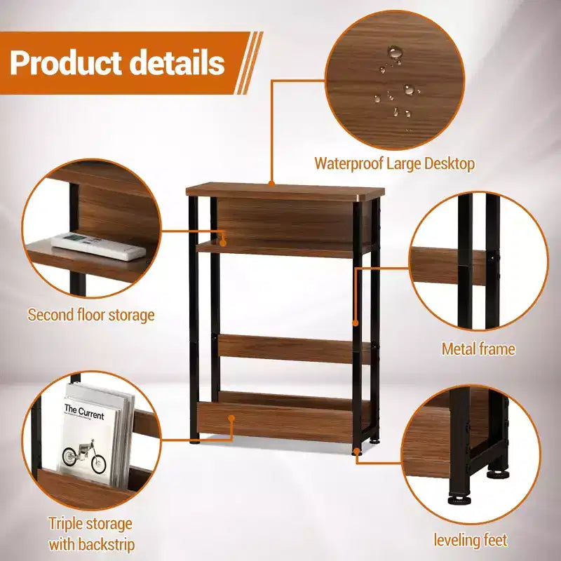 Table d'appoint industrielle à 3 niveaux pour petits espaces, table d'appoint étroite en bois avec étagères de rangement, petite table de chevet fine