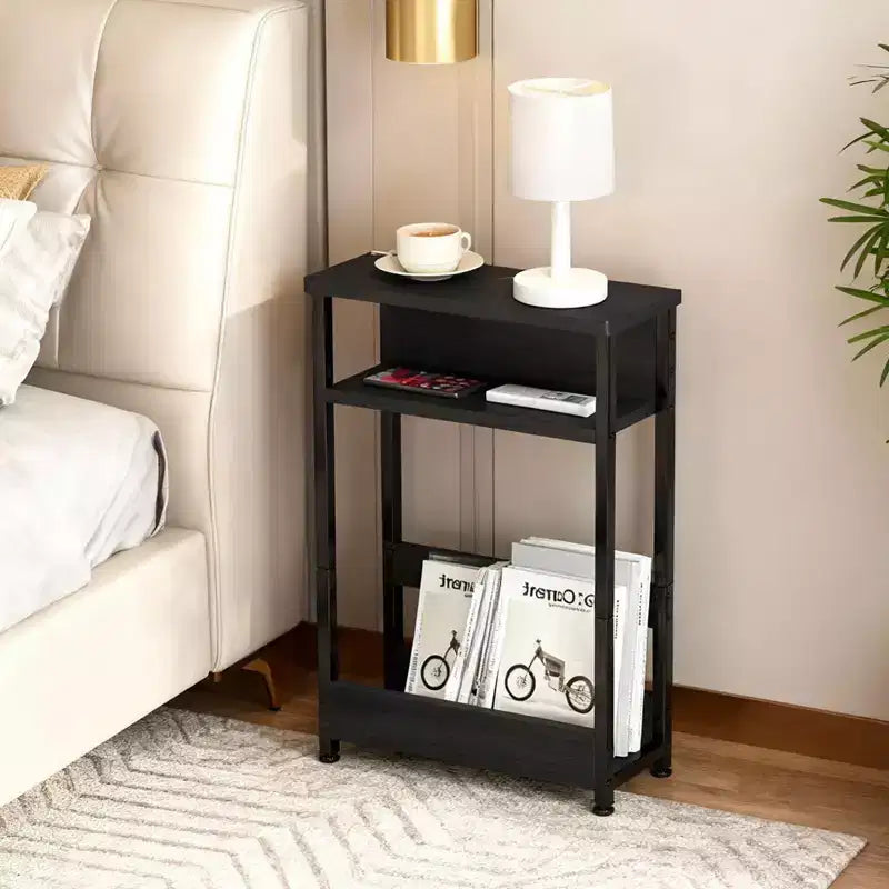 Table d'appoint industrielle à 3 niveaux pour petits espaces, table d'appoint étroite en bois avec étagères de rangement, petite table de chevet fine
