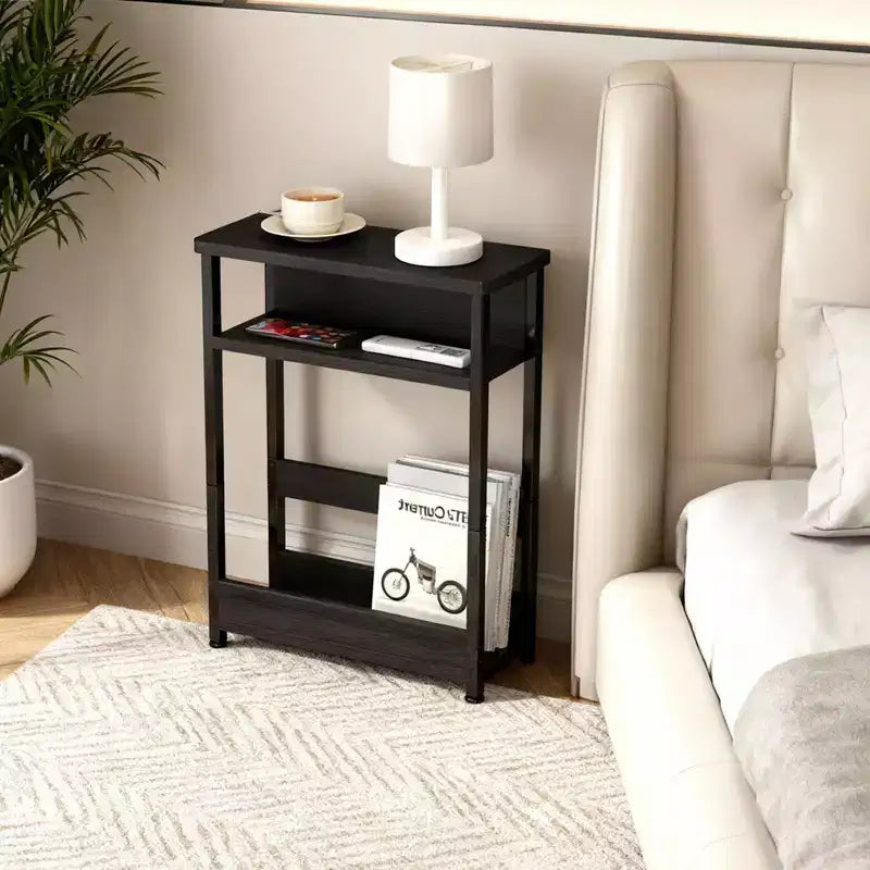 Table d'appoint industrielle à 3 niveaux pour petits espaces, table d'appoint étroite en bois avec étagères de rangement, petite table de chevet fine
