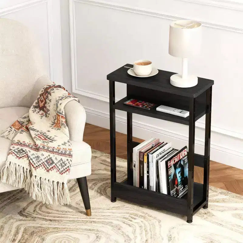 Table d'appoint industrielle à 3 niveaux pour petits espaces, table d'appoint étroite en bois avec étagères de rangement, petite table de chevet fine