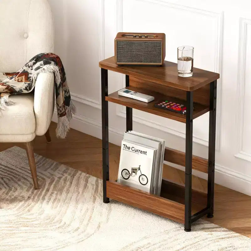Table d'appoint industrielle à 3 niveaux pour petits espaces, table d'appoint étroite en bois avec étagères de rangement, petite table de chevet fine