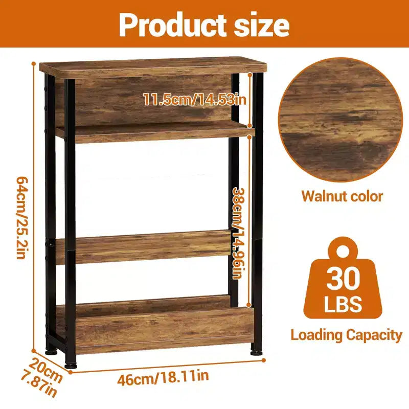 Table d'appoint industrielle à 3 niveaux pour petits espaces, table d'appoint étroite en bois avec étagères de rangement, petite table de chevet fine