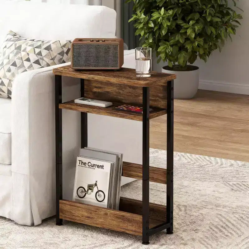 Table d'appoint industrielle à 3 niveaux pour petits espaces, table d'appoint étroite en bois avec étagères de rangement, petite table de chevet fine