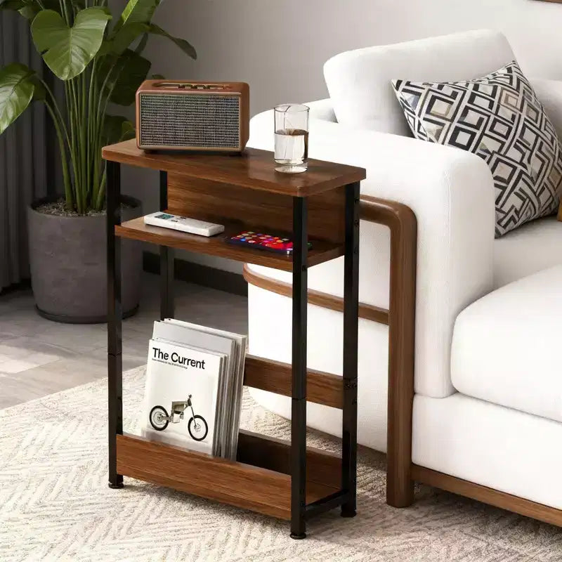 Table d'appoint industrielle à 3 niveaux pour petits espaces, table d'appoint étroite en bois avec étagères de rangement, petite table de chevet fine
