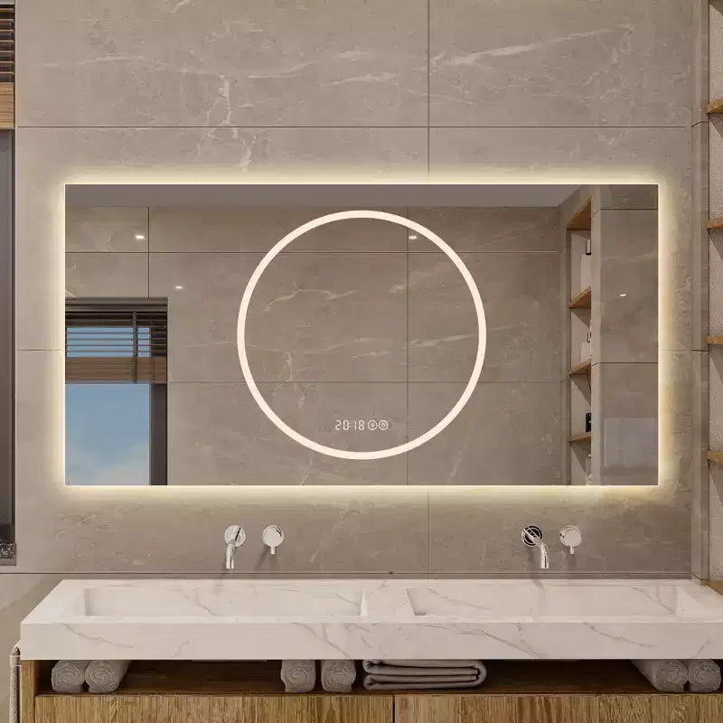 Miroir mural intelligent rectangulaire moderne pour salle de bain, chambre, salon de coiffure, grand miroir de courtoisie en aluminium avec écran tactile LED