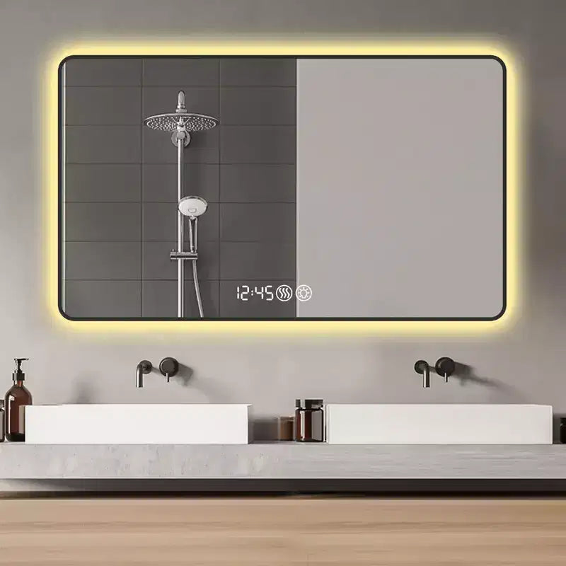Miroir mural intelligent rectangulaire moderne pour salle de bain, chambre, salon de coiffure, grand miroir de courtoisie en aluminium avec écran tactile LED