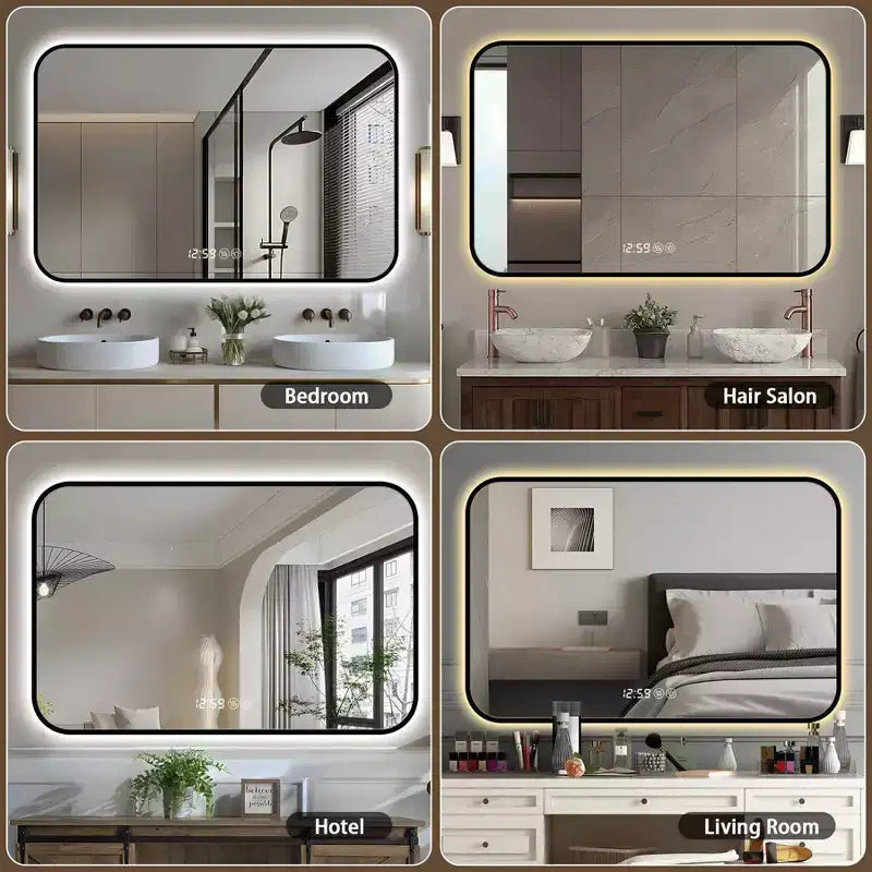 Miroir mural intelligent rectangulaire moderne pour salle de bain, chambre, salon de coiffure, grand miroir de courtoisie en aluminium avec écran tactile LED