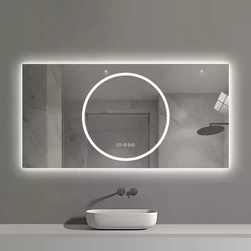 Okak Modern Rectangle Smart Wall Mirror for Bathroom Bedroom Barber Shop Large Aluminum Vanity Mirror with LED Touch Screen